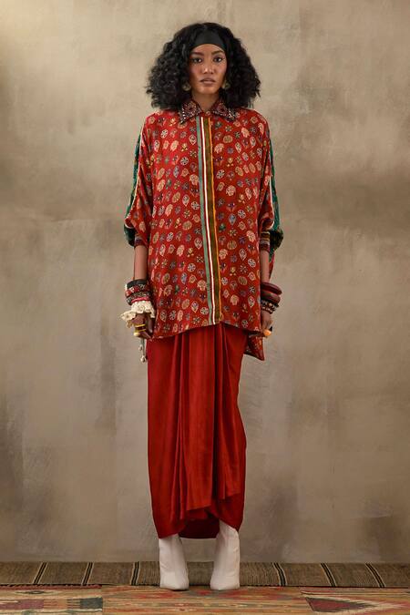 Aseem Kapoor Red Silk Embroidery, Beads Collared Mandala Butti Shirt Set Online at Aza Fashions Aseem Kapoor_Red Silk Embroidery, Beads Collared Mandala Butti Shirt Set _Online_at_Aza_Fashions