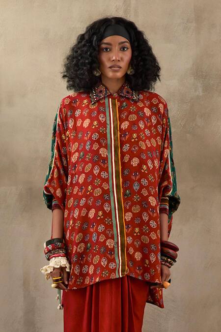 Buy Aseem Kapoor Red Silk Embroidery, Beads Collared Mandala Butti Shirt Set Online at Aza Fashions Buy_Aseem Kapoor_Red Silk Embroidery, Beads Collared Mandala Butti Shirt Set _Online_at_Aza_Fashions