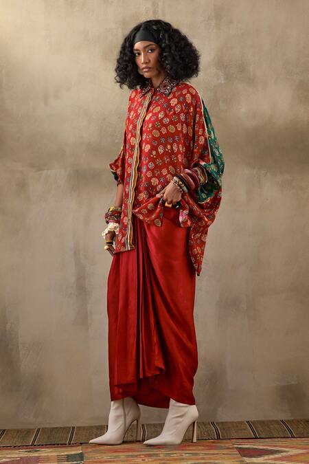 Shop Aseem Kapoor Red Silk Embroidery, Beads Collared Mandala Butti Shirt Set Online at Aza Fashions Shop_Aseem Kapoor_Red Silk Embroidery, Beads Collared Mandala Butti Shirt Set _Online_at_Aza_Fashions