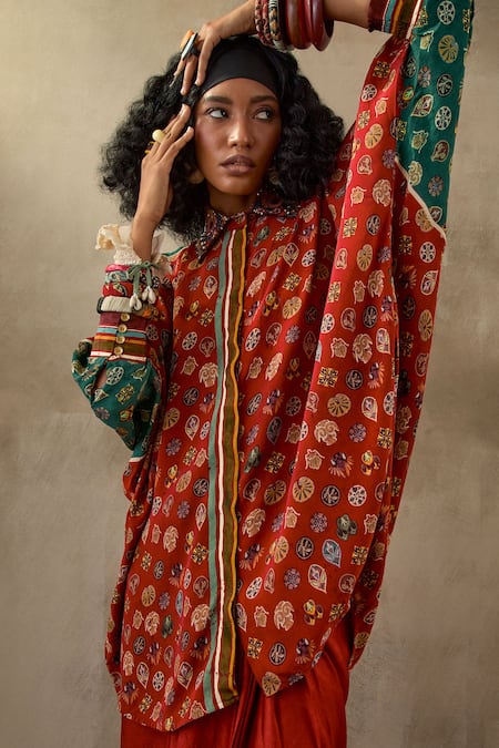 Shop Aseem Kapoor Red Crepe Sequins, Beads Collared Mandala Embroidered Dolman Sleeve Shirt Online at Aza Fashions Shop_Aseem Kapoor_Red Crepe Sequins, Beads Collared Mandala Embroidered Dolman Sleeve Shirt _Online_at_Aza_Fashions