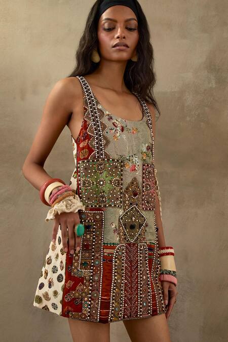 Shop Aseem Kapoor Multi Color Muslin Embroidery, Beads Scoop Neck Mehru Afghan Art Work Dress Online at Aza Fashions Shop_Aseem Kapoor_Multi Color Muslin Embroidery, Beads Scoop Neck Mehru Afghan Art Work Dress _Online_at_Aza_Fashions