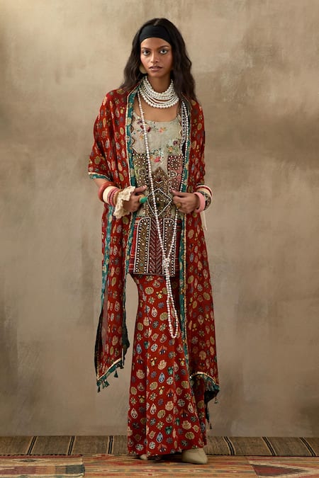 Shop Aseem Kapoor Multi Color Cotton, Satin, Silk Beads, Mehru Afghan Art Work Tunic Sharara Set at Aza Fashions Shop_Aseem Kapoor_Multi Color Cotton, Satin, Silk Beads, Mehru Afghan Art Work Tunic Sharara Set _at_Aza_Fashions