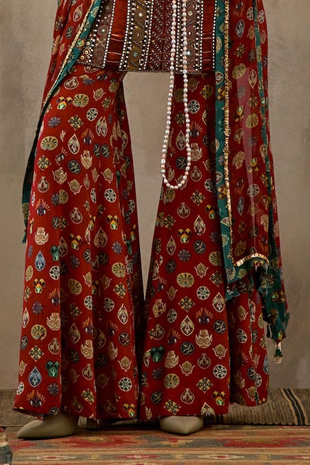 Aseem Kapoor Multi Color Cotton, Satin, Silk Beads, Mehru Afghan Art Work Tunic Sharara Set Online at Aza Fashions Aseem Kapoor_Multi Color Cotton, Satin, Silk Beads, Mehru Afghan Art Work Tunic Sharara Set _Online_at_Aza_Fashions