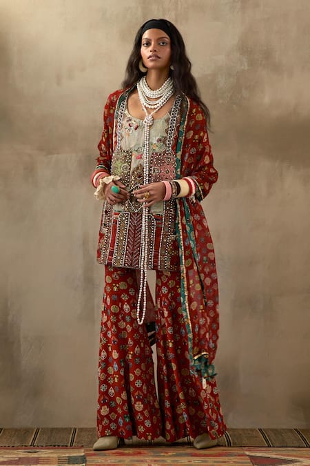 Buy Aseem Kapoor Multi Color Cotton, Satin, Silk Beads, Mehru Afghan Art Work Tunic Sharara Set Online at Aza Fashions Buy_Aseem Kapoor_Multi Color Cotton, Satin, Silk Beads, Mehru Afghan Art Work Tunic Sharara Set _Online_at_Aza_Fashions