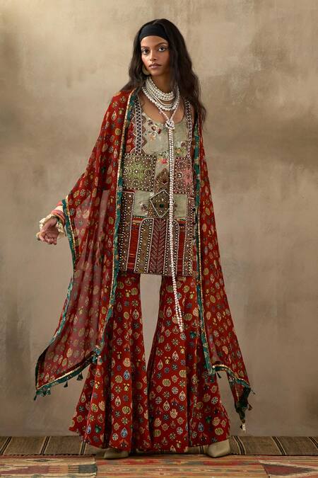 Shop Aseem Kapoor Multi Color Cotton, Satin, Silk Beads, Mehru Afghan Art Work Tunic Sharara Set Online at Aza Fashions Shop_Aseem Kapoor_Multi Color Cotton, Satin, Silk Beads, Mehru Afghan Art Work Tunic Sharara Set _Online_at_Aza_Fashions
