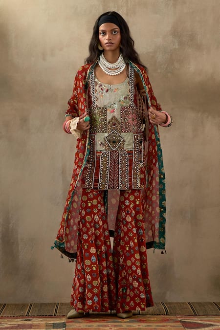 Aseem Kapoor Multi Color Cotton, Satin, Silk Beads, Mehru Afghan Art Work Tunic Sharara Set at Aza Fashions Aseem Kapoor_Multi Color Cotton, Satin, Silk Beads, Mehru Afghan Art Work Tunic Sharara Set _at_Aza_Fashions