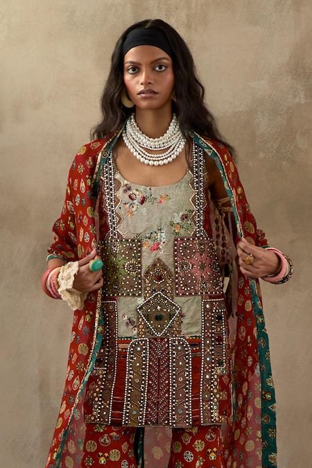 Buy Aseem Kapoor Multi Color Cotton, Satin, Silk Beads, Mehru Afghan Art Work Tunic Sharara Set Buy_Aseem Kapoor_Multi Color Cotton, Satin, Silk Beads, Mehru Afghan Art Work Tunic Sharara Set