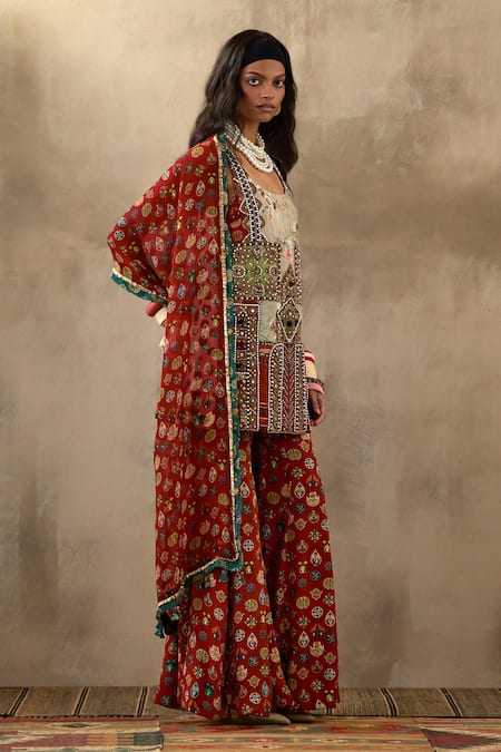Shop Aseem Kapoor Multi Color Cotton, Satin, Silk Beads, Mehru Afghan Art Work Tunic Sharara Set Shop_Aseem Kapoor_Multi Color Cotton, Satin, Silk Beads, Mehru Afghan Art Work Tunic Sharara Set