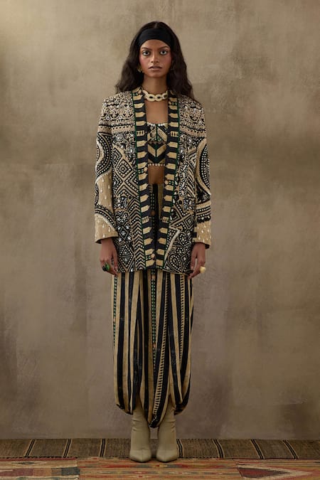 Shop Aseem Kapoor Black Silk, Satin, Cotton Beads, Embroidery Dhana Floral Jacket Trouser Set at Aza Fashions Shop_Aseem Kapoor_Black Silk, Satin, Cotton Beads, Embroidery Dhana Floral Jacket Trouser Set _at_Aza_Fashions