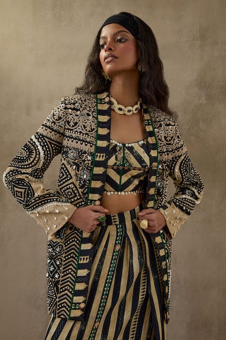 Aseem Kapoor Black Silk, Satin, Cotton Beads, Embroidery Dhana Floral Jacket Trouser Set at Aza Fashions Aseem Kapoor_Black Silk, Satin, Cotton Beads, Embroidery Dhana Floral Jacket Trouser Set _at_Aza_Fashions