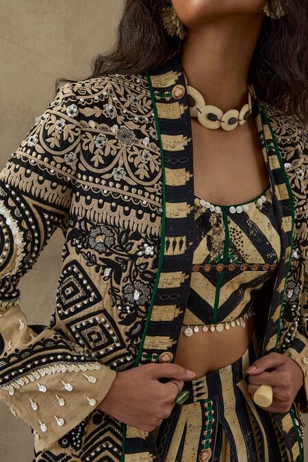 Buy Aseem Kapoor Black Silk, Satin, Cotton Beads, Embroidery Dhana Floral Jacket Trouser Set Buy_Aseem Kapoor_Black Silk, Satin, Cotton Beads, Embroidery Dhana Floral Jacket Trouser Set