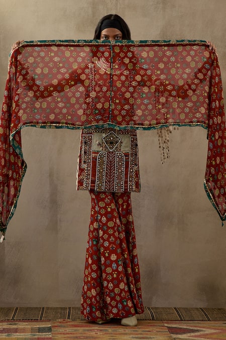 Shop Aseem Kapoor Red Sheer Silk Print Mandala Butti Patti Dupatta at Aza Fashions Shop_Aseem Kapoor_Red Sheer Silk Print Mandala Butti Patti Dupatta _at_Aza_Fashions