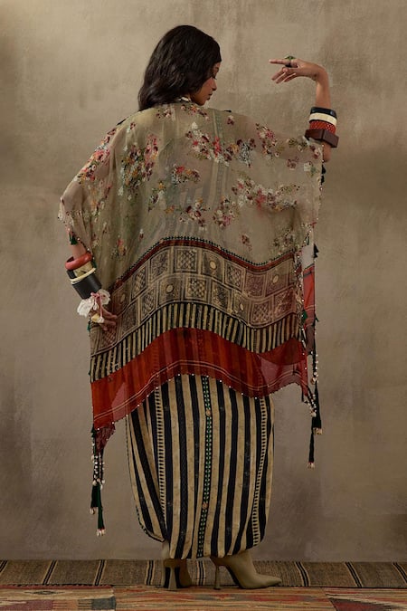 Shop Aseem Kapoor Multi Color Silk Tassels, Embroidery Open Neck Veni Floral Print Jacket at Aza Fashions Shop_Aseem Kapoor_Multi Color Silk Tassels, Embroidery Open Neck Veni Floral Print Jacket _at_Aza_Fashions