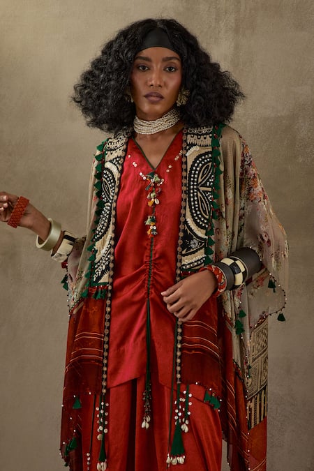 Aseem Kapoor Multi Color Silk Tassels, Embroidery Open Neck Veni Floral Print Jacket Online at Aza Fashions Aseem Kapoor_Multi Color Silk Tassels, Embroidery Open Neck Veni Floral Print Jacket _Online_at_Aza_Fashions