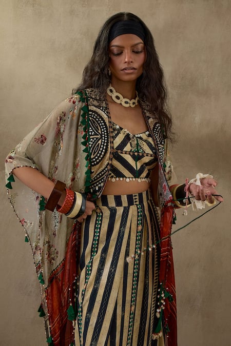 Shop Aseem Kapoor Multi Color Silk Tassels, Embroidery Open Neck Veni Floral Print Jacket Online at Aza Fashions Shop_Aseem Kapoor_Multi Color Silk Tassels, Embroidery Open Neck Veni Floral Print Jacket _Online_at_Aza_Fashions