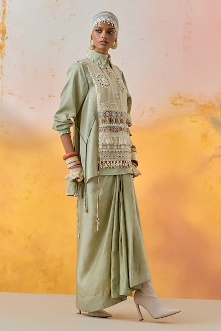 ASEEM KAPOOR Green Shirt Crushed Silk Embroidery Bead Collar And Bib Set 