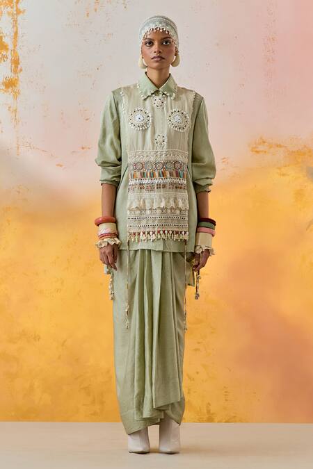 Shop Aseem Kapoor Green Crepe, Silk Beads, Embroidery Collared Shirt And Bib Set at Aza Fashions Shop_Aseem Kapoor_Green Crepe, Silk Beads, Embroidery Collared Shirt And Bib Set _at_Aza_Fashions