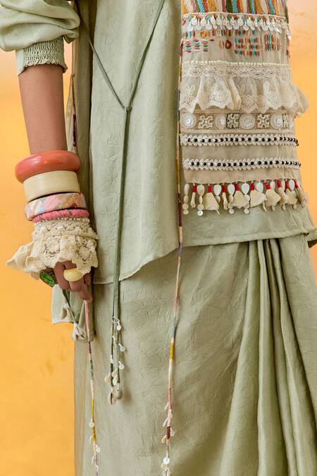 Aseem Kapoor Green Crepe, Silk Beads, Embroidery Collared Shirt And Bib Set Online at Aza Fashions Aseem Kapoor_Green Crepe, Silk Beads, Embroidery Collared Shirt And Bib Set _Online_at_Aza_Fashions