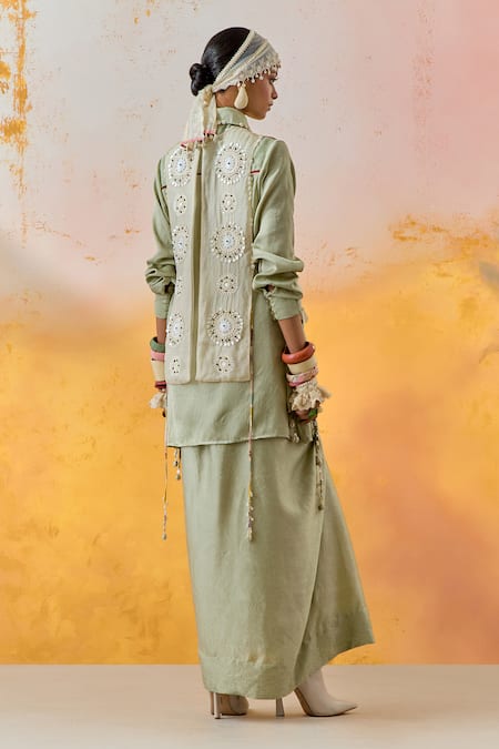 Shop Aseem Kapoor Green Silk, Crepe Beads, Embroidery Collared, Mandarin Shirt And Skirt Set at Aza Fashions Shop_Aseem Kapoor_Green Silk, Crepe Beads, Embroidery Collared, Mandarin Shirt And Skirt Set _at_Aza_Fashions