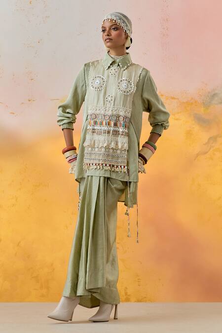 Aseem Kapoor Green Silk, Crepe Beads, Embroidery Collared, Mandarin Shirt And Skirt Set Online at Aza Fashions Aseem Kapoor_Green Silk, Crepe Beads, Embroidery Collared, Mandarin Shirt And Skirt Set _Online_at_Aza_Fashions