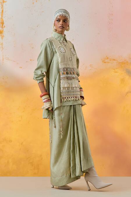 Buy Aseem Kapoor Green Silk, Crepe Beads, Embroidery Collared, Mandarin Shirt And Skirt Set Online at Aza Fashions Buy_Aseem Kapoor_Green Silk, Crepe Beads, Embroidery Collared, Mandarin Shirt And Skirt Set _Online_at_Aza_Fashions