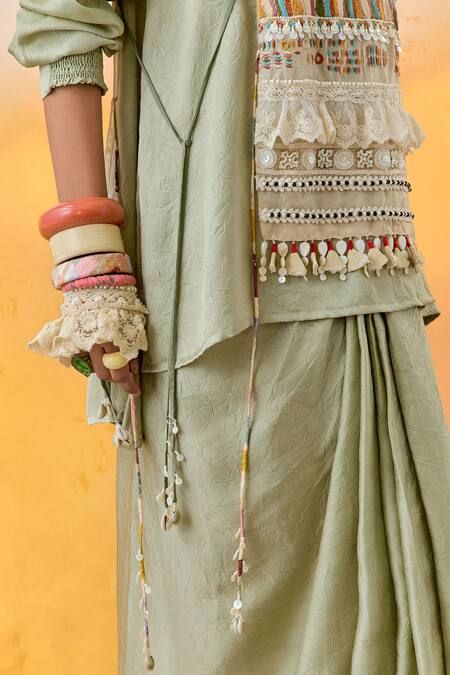 Shop Aseem Kapoor Green Silk, Crepe Beads, Embroidery Collared, Mandarin Shirt And Skirt Set Online at Aza Fashions Shop_Aseem Kapoor_Green Silk, Crepe Beads, Embroidery Collared, Mandarin Shirt And Skirt Set _Online_at_Aza_Fashions