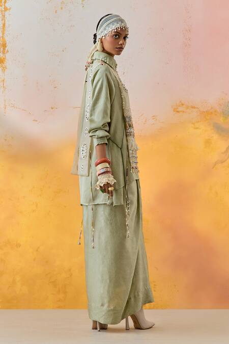 Aseem Kapoor Green Silk, Crepe Beads, Embroidery Collared, Mandarin Shirt And Skirt Set at Aza Fashions Aseem Kapoor_Green Silk, Crepe Beads, Embroidery Collared, Mandarin Shirt And Skirt Set _at_Aza_Fashions