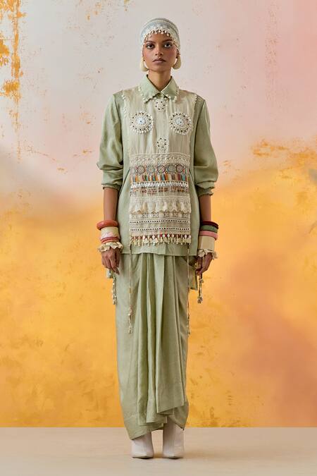 Buy Aseem Kapoor Green Silk, Crepe Beads, Embroidery Collared, Mandarin Shirt And Skirt Set Buy_Aseem Kapoor_Green Silk, Crepe Beads, Embroidery Collared, Mandarin Shirt And Skirt Set