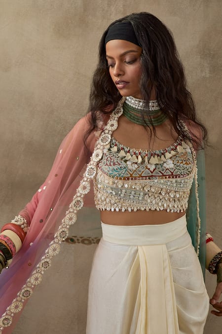 Shop Aseem Kapoor Multi Color Net, Silk Beads, Tassels Veni Ombre Embroidered Jacket Skirt Set at Aza Fashions Shop_Aseem Kapoor_Multi Color Net, Silk Beads, Tassels Veni Ombre Embroidered Jacket Skirt Set _at_Aza_Fashions