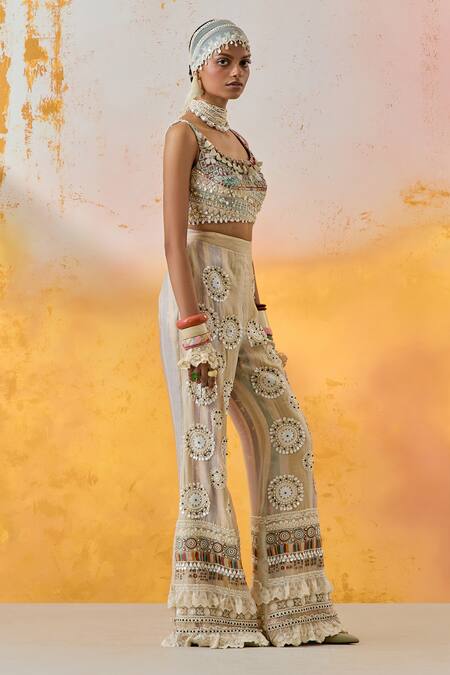 Shop Aseem Kapoor Multi Color Net, Silk Beads, Kalpa Resham Embroidered Blouse And Trouser Set Online at Aza Fashions Shop_Aseem Kapoor_Multi Color Net, Silk Beads, Kalpa Resham Embroidered Blouse And Trouser Set _Online_at_Aza_Fashions