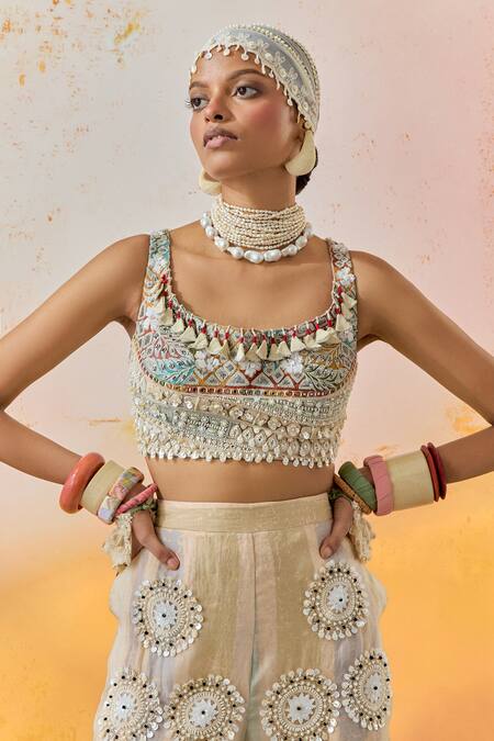 Buy Aseem Kapoor Multi Color Net, Silk Beads, Kalpa Resham Embroidered Blouse And Trouser Set Buy_Aseem Kapoor_Multi Color Net, Silk Beads, Kalpa Resham Embroidered Blouse And Trouser Set