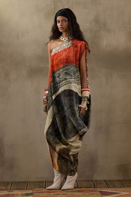 Shop_Aseem Kapoor_Multi Color Crepe Embroidery One Shoulder Rasa Printed Dress _at_Aza_Fashions