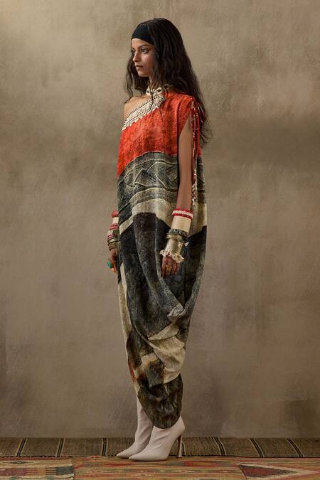 Aseem Kapoor_Multi Color Crepe Embroidery One Shoulder Rasa Printed Dress _Online_at_Aza_Fashions