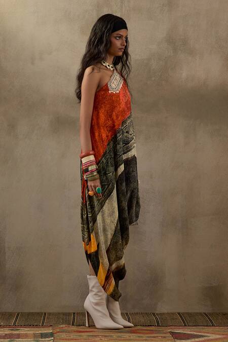 Buy_Aseem Kapoor_Multi Color Crepe Embroidery One Shoulder Rasa Printed Dress _Online_at_Aza_Fashions
