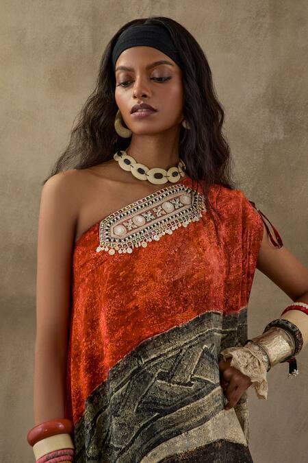 Shop_Aseem Kapoor_Multi Color Crepe Embroidery One Shoulder Rasa Printed Dress _Online_at_Aza_Fashions