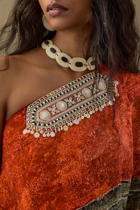 Aseem Kapoor_Multi Color Crepe Embroidery One Shoulder Rasa Printed Dress _at_Aza_Fashions