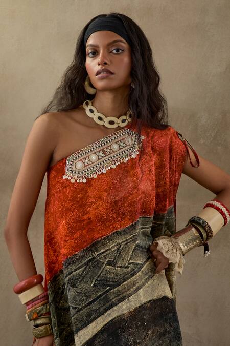 Buy_Aseem Kapoor_Multi Color Crepe Embroidery One Shoulder Rasa Printed Dress 