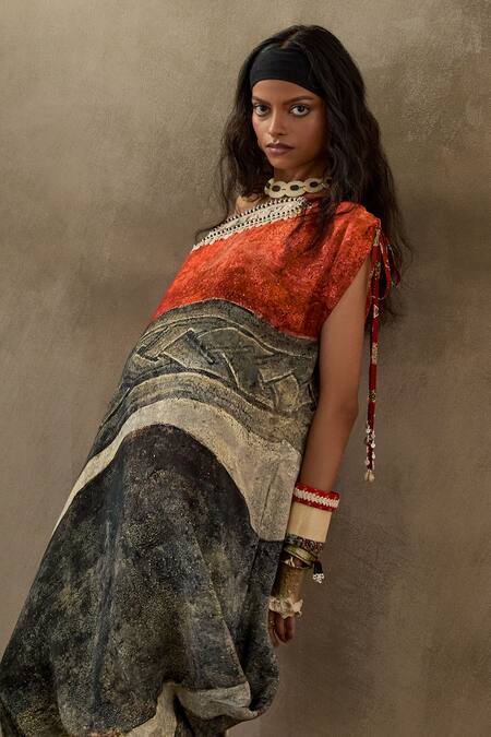 Shop_Aseem Kapoor_Multi Color Crepe Embroidery One Shoulder Rasa Printed Dress 