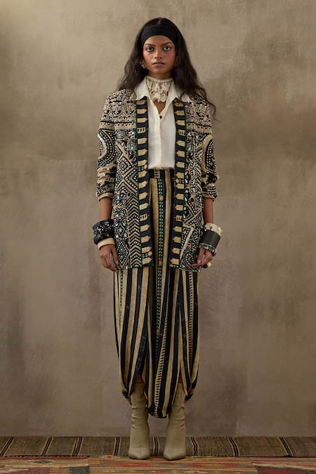 Aseem Kapoor Black Satin, Twill, Crepe, Silk Beads, Tassels, Dhana Floral Jacket Set Online at Aza Fashions Aseem Kapoor_Black Satin, Twill, Crepe, Silk Beads, Tassels, Dhana Floral Jacket Set _Online_at_Aza_Fashions