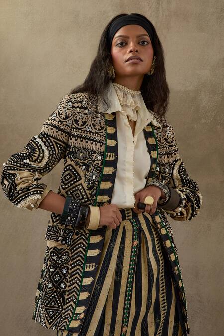 Aseem Kapoor Black Satin, Twill, Crepe, Silk Beads, Tassels, Dhana Floral Jacket Set at Aza Fashions Aseem Kapoor_Black Satin, Twill, Crepe, Silk Beads, Tassels, Dhana Floral Jacket Set _at_Aza_Fashions