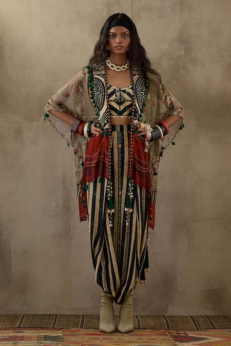 Aseem Kapoor Black Silk, Satin, Cotton Veni Resham Embroidered Jacket Draped Trouser Set Online at Aza Fashions Aseem Kapoor_Black Silk, Satin, Cotton Veni Resham Embroidered Jacket Draped Trouser Set _Online_at_Aza_Fashions