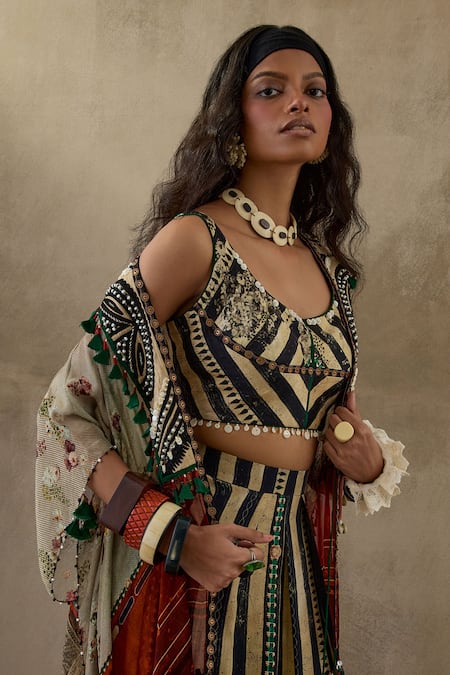 Aseem Kapoor Black Silk, Satin, Cotton Veni Resham Embroidered Jacket Draped Trouser Set at Aza Fashions Aseem Kapoor_Black Silk, Satin, Cotton Veni Resham Embroidered Jacket Draped Trouser Set _at_Aza_Fashions