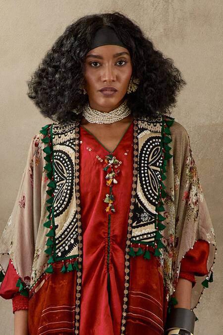 Buy Aseem Kapoor Red Silk, Crepe Tassels, Lace, Veni Neckline Embroidered Kurta Set With Jacket Online at Aza Fashions Buy_Aseem Kapoor_Red Silk, Crepe Tassels, Lace, Veni Neckline Embroidered Kurta Set With Jacket _Online_at_Aza_Fashions