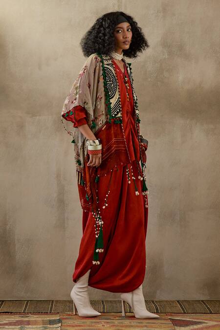 Aseem Kapoor Red Silk, Crepe Tassels, Lace, Veni Neckline Embroidered Kurta Set With Jacket at Aza Fashions Aseem Kapoor_Red Silk, Crepe Tassels, Lace, Veni Neckline Embroidered Kurta Set With Jacket _at_Aza_Fashions