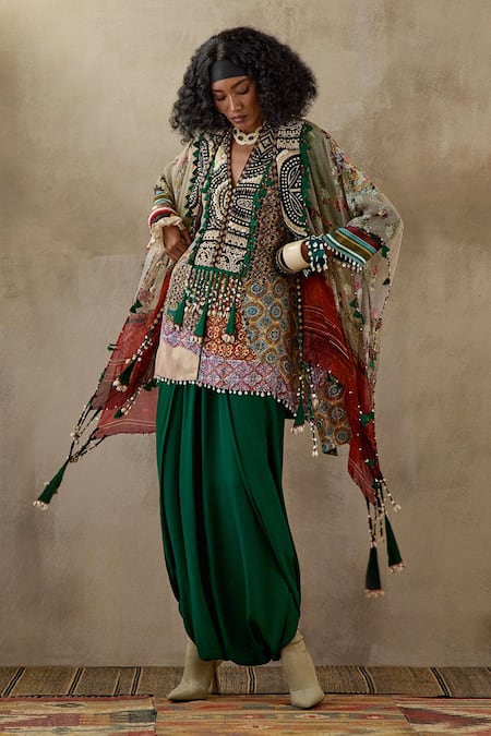 Shop Aseem Kapoor Multi Color Crepe Beads, Tassels Mitra Resham Embroidered Jacket Trouser Set at Aza Fashions Shop_Aseem Kapoor_Multi Color Crepe Beads, Tassels Mitra Resham Embroidered Jacket Trouser Set _at_Aza_Fashions