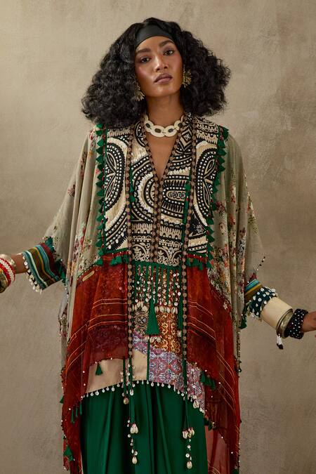 Aseem Kapoor Multi Color Crepe Beads, Tassels Mitra Resham Embroidered Jacket Trouser Set at Aza Fashions Aseem Kapoor_Multi Color Crepe Beads, Tassels Mitra Resham Embroidered Jacket Trouser Set _at_Aza_Fashions