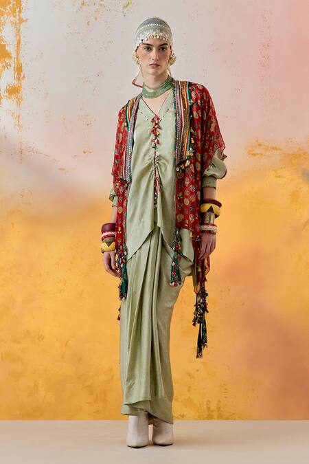 Buy Aseem Kapoor Green Silk, Crepe Tassels, Mirrors, Veni Floral Print Jacket Skirt Set Online at Aza Fashions Buy_Aseem Kapoor_Green Silk, Crepe Tassels, Mirrors, Veni Floral Print Jacket Skirt Set _Online_at_Aza_Fashions