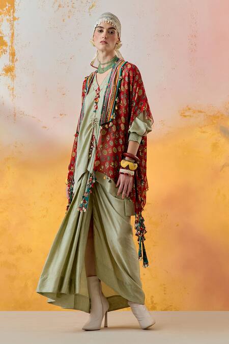 Shop Aseem Kapoor Green Silk, Crepe Tassels, Mirrors, Veni Floral Print Jacket Skirt Set Online at Aza Fashions Shop_Aseem Kapoor_Green Silk, Crepe Tassels, Mirrors, Veni Floral Print Jacket Skirt Set _Online_at_Aza_Fashions