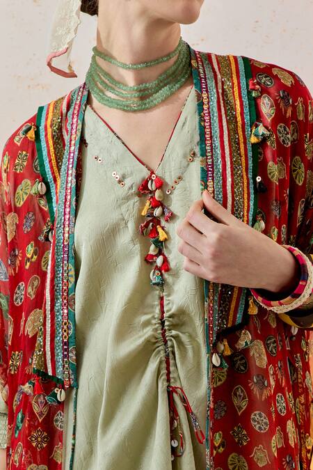 Buy Aseem Kapoor Green Silk, Crepe Tassels, Mirrors, Veni Floral Print Jacket Skirt Set Buy_Aseem Kapoor_Green Silk, Crepe Tassels, Mirrors, Veni Floral Print Jacket Skirt Set