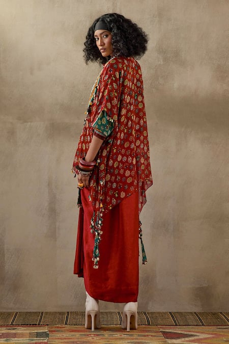 Shop_Aseem Kapoor_Red Silk, Crepe Embroidery Open Neck, Veni Garden Print Jacket Skirt Set _at_Aza_Fashions